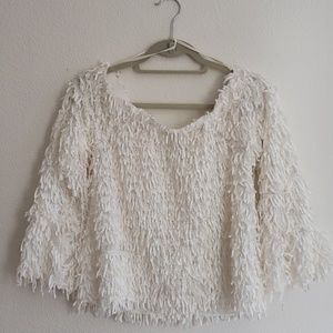 White off the shoulder fringe top